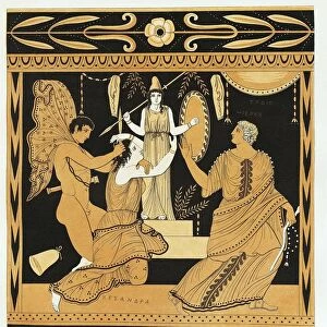 Scene from ancient Greek vase with Ajax affronts Cassandra at the foot of Athenas statue, Scene from Trojan War by Piringer (after Greek original), engraving