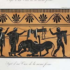 Scene from ancient Greek vase with Heracles fighting the Nemean Lion by Piringer (after Greek original), engraving