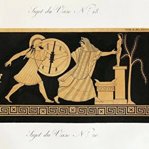 Scene from ancient Greek vase with Menelaus in Helens pursuit before altar of Apollo, Scene from Trojan War by Piringer (after Greek original), engraving