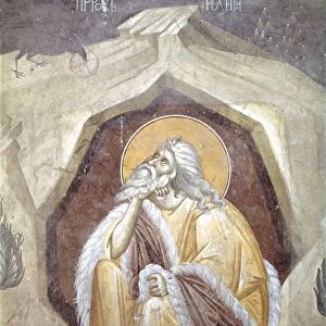 Serbia, Kosovo, Pristina, fresco portraying prophet Elijah fed by a raven in Gracanica Monastery