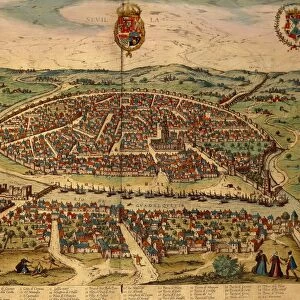 Spain, Seville, View of the city, color engraving from Civitates Orbis Terrarum by Georg Braun (1541-1622) and Franz Hogenberg (1535-1590)