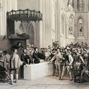 Switzerland, John Calvin (Jean Cauvin, 1509-1564) denying Holy Communion to libertines in the Cathedral of Geneva
