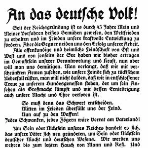 Text of declaration of war speech by Kaiser Wilhelm II To the German People"