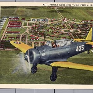 Training Plane from Randolph Field. ca. 1940, San Antonio, Texas, USA, 20--Training Plane over West Point of the Air, San Antonio, Texas. One of the 300 basic training planes at Randolph Field, Texas, where Uncle Sam is schooling his future pilots for the expanding Air Corps, practices his air work at the south Texas airdrome. After the first week of flight training Flying Cadets spend 60 per cent of their time flying dual, with an instructor. Present output of Randolph Field is 250 basic trained pilots every five weeks. This figure will be raised to 450 every five weeks by spring of 1941. SAN ANTONIO, HOME OF THE ALAMO, GULF BREEZES AND SUNSHINE