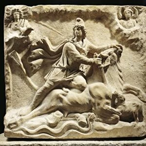 Two-sided relief of Mithra, Indo-Iranian god of friendship and guardian of cosmic order, Mithra slaying bull to fertilize universe, From Rome
