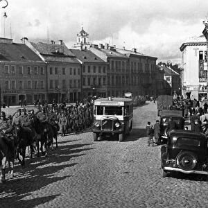 Units of the red army on the streets of vilno (vilna), vilno, capital of lithuania, was annexed by poland between 1920-1939, occupied by soviet army in september 1939, annexed with the rest of the lithuania to ussr in 1940