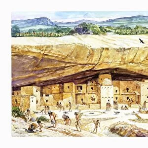 USA, Colorado, Mesa Verde, reconstructed Cliff Palace, illustration