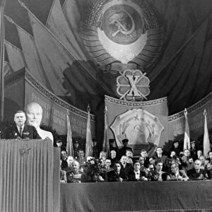 V, lacis, chairman of the council of ministers of the latvian ssr, speaking during the jubilee session of the supreme soviet of the latvian ssr on the occasion of the 10th anniversary of soviet latvia, july 1950