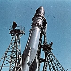 Vostok 1 rocket being prepared for launch, 1961, this is a still from a soviet film of the launch