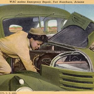 Womens Army Corps Member Repairing Vehicle. ca. 1943, Arizona, USA, WAC makes Emergency Repair, Fort Huachuca, Arizona