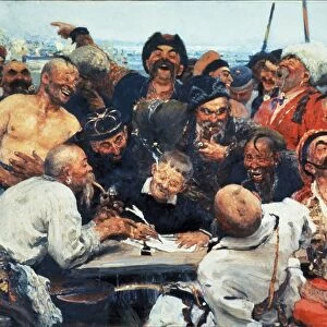 Zaporozhye cossacks writing a letter to the turkish sultan, painting by ilya repin