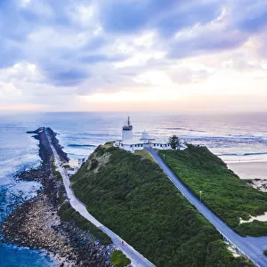 Aerial of Newcastle and Nobbys Lighthouse in Newcastle Harbour, New South Wales, Australia
