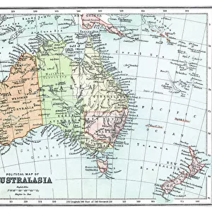 Old chromolithograph map of Australasia (Australia, New Zealand, the island of New Guinea, and neighbouring islands in the Pacific Ocean)