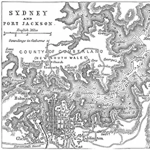 Old engraved map of Sydney (capital city of the state of New South Wales, Australia) and Port Jackson