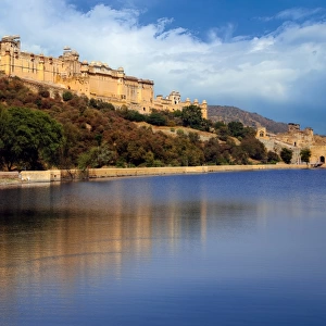 View of Amber Palace (Amber Fort) and Maota Lake, Jaipur, Rajasthan, India