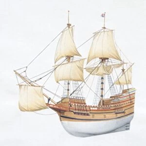 1620 American wooden merchant ship with raised sails