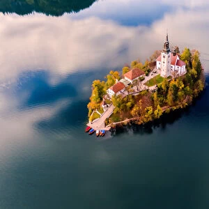 Aerial drone view of Bled island in autumn, Slovenia