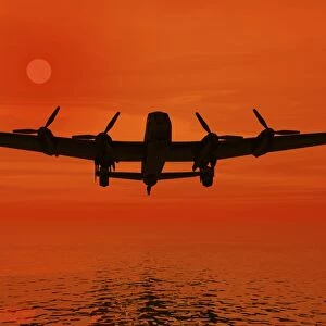 Airplane at sunset over the sea, silhouette, 3D graphics