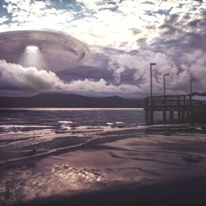 Alien space ship through the clouds, illustration