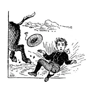 Antique childrens book comic illustration: boy falling from riding donkey