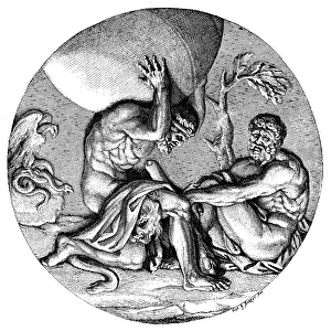 Antique illustration of Atlas with Hercules holding the heavens