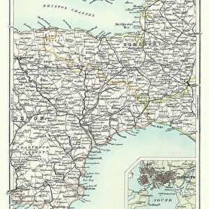 Antique Map of South West England, Somerset, Devon, 1891