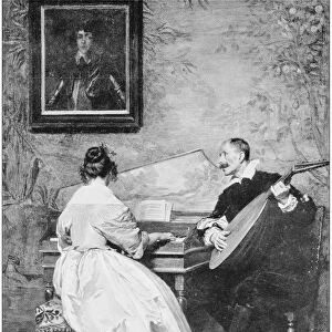 Antique photo of paintings: Couple musicians