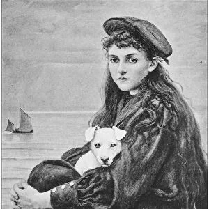 Antique photo of paintings: Woman with dog