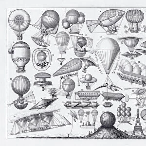 Balloons, Airships and Flying Machines Engraving from 18th Century France