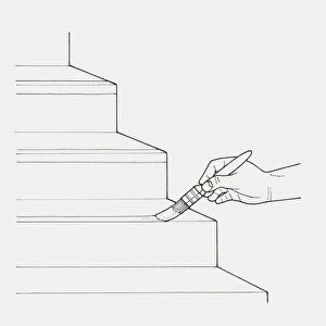 Black and white illustration of hand painting white stripes onto the edge of steps for safety