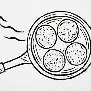Black and white illustration of four small pancakes in frying pan