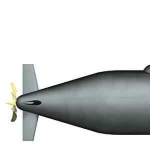 Bulky grey submarine with propeller at back
