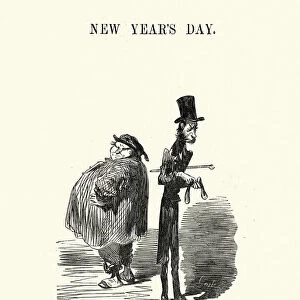 Cartoon of New Years Day, the blouse gets fat, by Gustave Dore, Victorian 1860s, 19th Century caricature