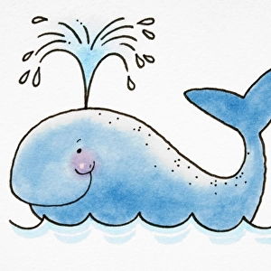 Cartoon, smiling whale spouting water from its blowhole, side view