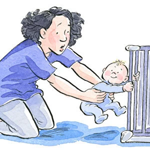 Cartoon of surprised mother struggling to pull baby with strong grip from cot bars, showing involuntary grasp reflex in newborn babies