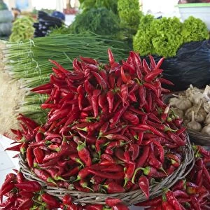 Chili peppers and garlic for sale at the bazaar, Bukhara, Uzbekistan