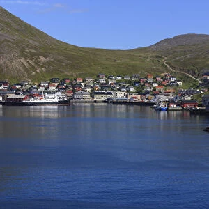 City on hill with harbor, North Cape, Honningsvag, Norway
