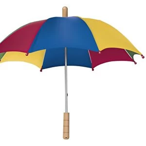 Colourful open umbrella with wooden handle, front view