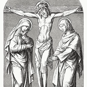 The crucified Jesus, Mary and John, wood engraving, published 1894