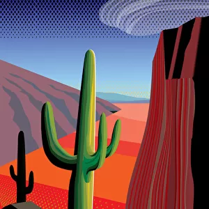 Desert, Saguaro Cactus, Mountains Landscape Illustration