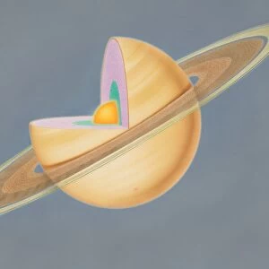 Diagram of planet Saturn with quarter of sphere removed to reveal subterranean layers, front view