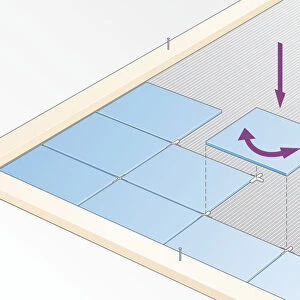 Digital Illustration showing how to lay ceramic tile butting close to battens by twisting the tile