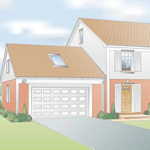 Digital illustration showing suburban house with secure doors and windows, and garage extension