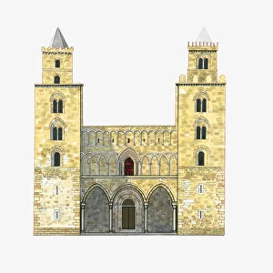 Digital illustration of twin-towered facade of Roman Catholic Duomo di Cefalu