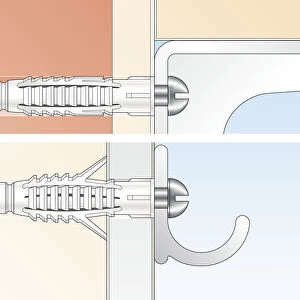 Digital Illustration of universal wall plugs securing metal hinge and hook to wall