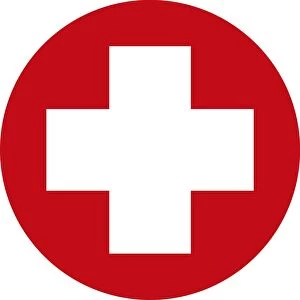 Digital illustration of white first aid cross in red circle on white background