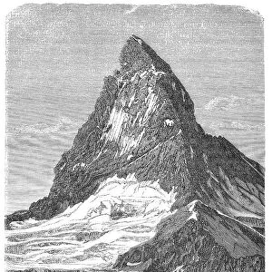 Engraving of mountain peak Matterhorn with glacier Furka