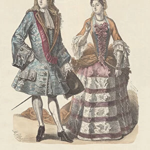 French nobility, early 18th century, hand-colored wood engraving, published c. 1880