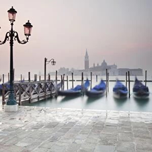 Gondolas and San Giorgio Maggiore at back, from St Marks Square, Venice, Venezien, Italy
