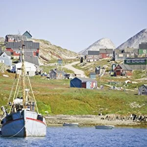 Greenland, Kulusuk, fishing boat anchored near shore